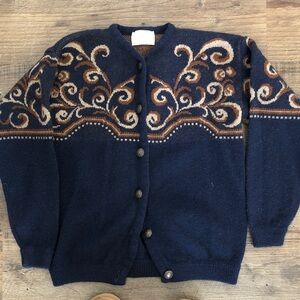 *Pendleton* Navy Cardigan with Brown and Cream Pattern. Wool.